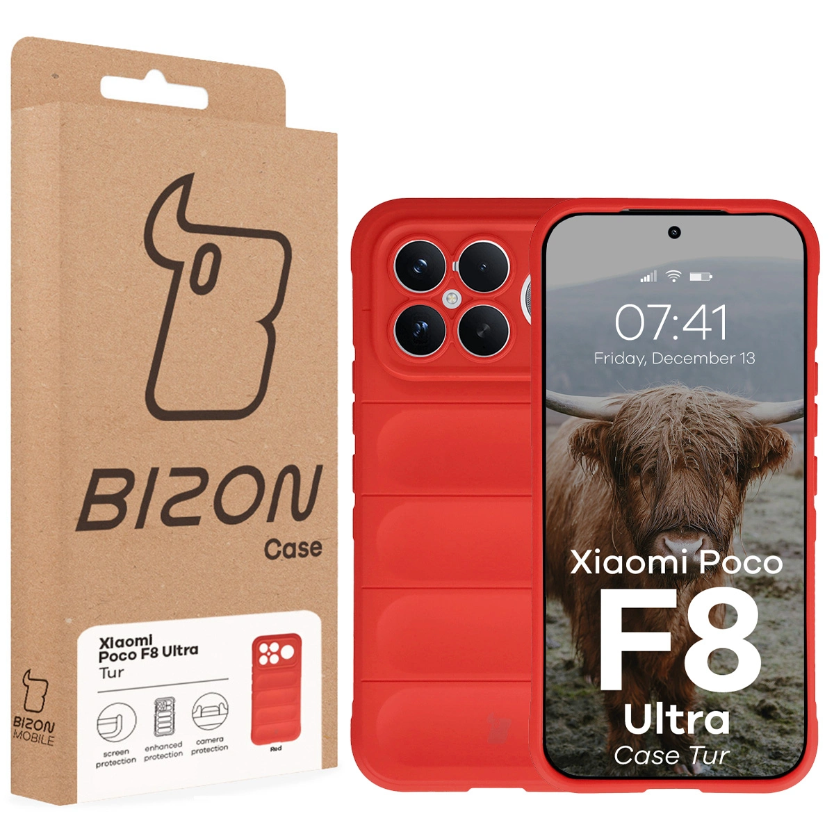 Przód pudełka Bizon Case z dedykowaną etykietą do Xiaomi POCO F8 Ultra