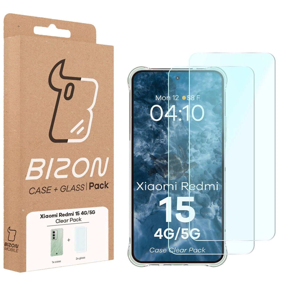Przód pudełka Bizon Case+Glass z dedykowaną etykietą do Xiaomi Redmi 15 4G / 5G