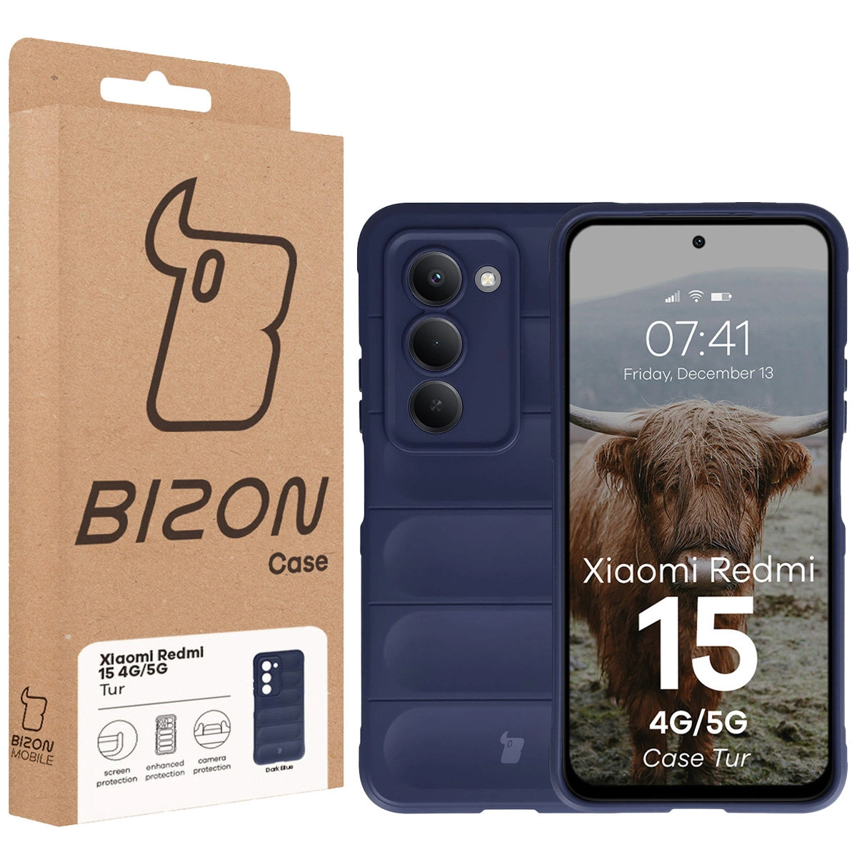 Przód pudełka Bizon Case z dedykowaną etykietą do Xiaomi Redmi 15 4G / 5G