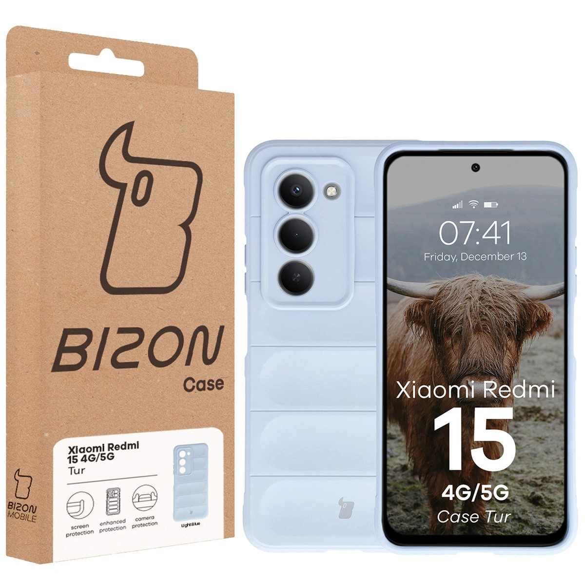 Przód pudełka Bizon Case z dedykowaną etykietą do Xiaomi Redmi 15 4G / 5G