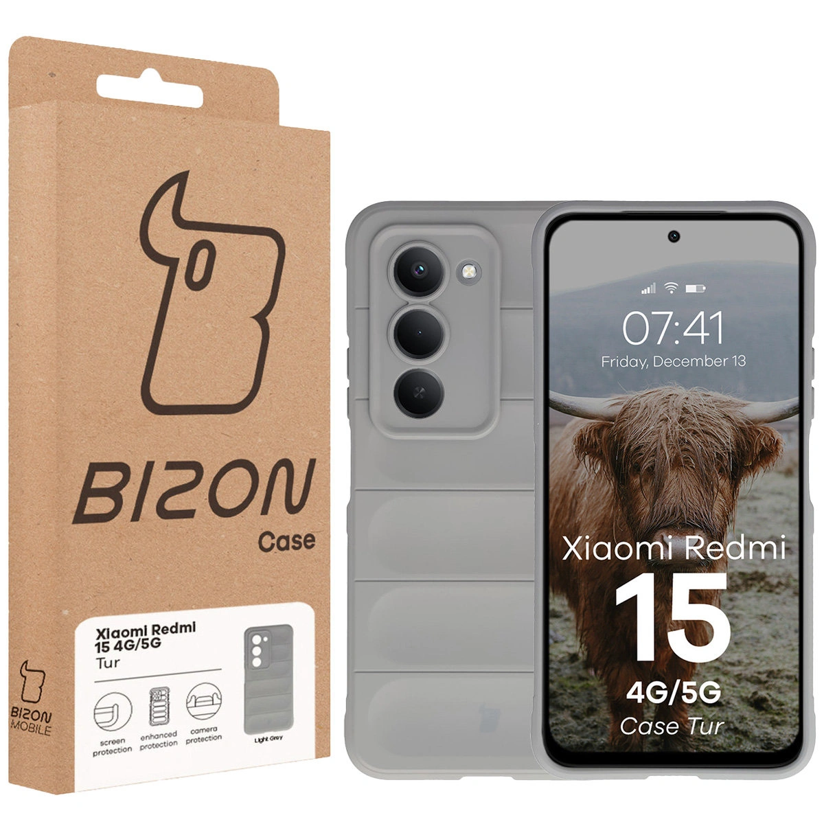 Przód pudełka Bizon Case z dedykowaną etykietą do Xiaomi Redmi 15 4G / 5G