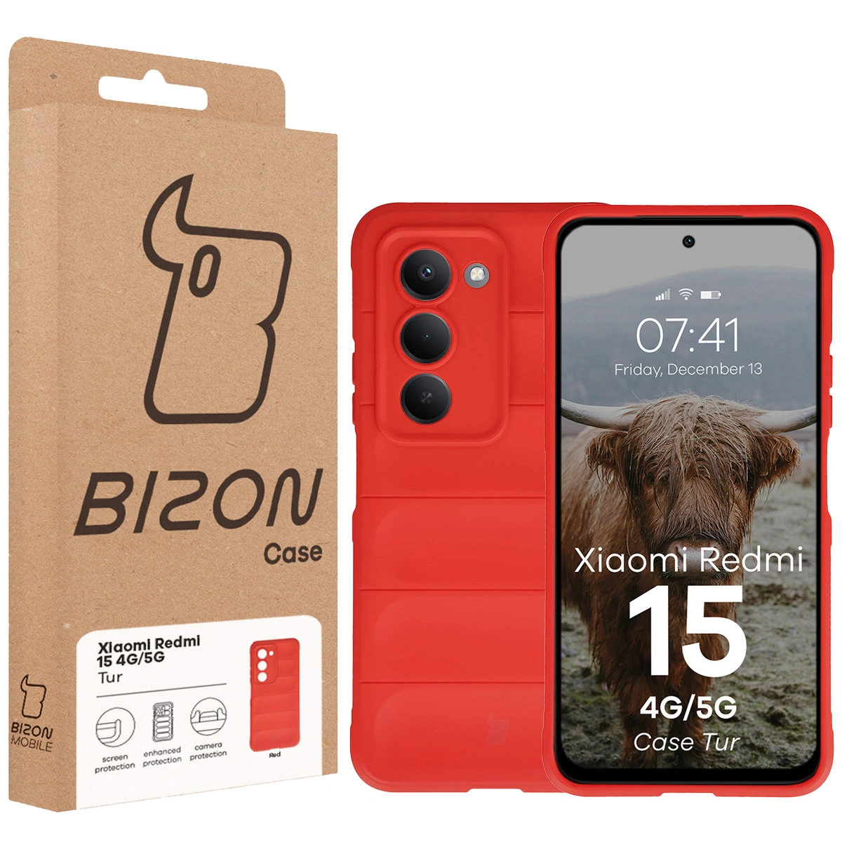 Przód pudełka Bizon Case z dedykowaną etykietą do Xiaomi Redmi 15 4G / 5G