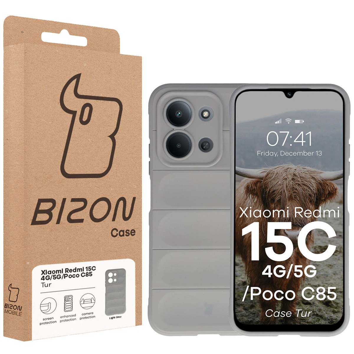 Przód pudełka Bizon Case z dedykowaną etykietą do Xiaomi Redmi 15C 4G / 5G / POCO C85 4G