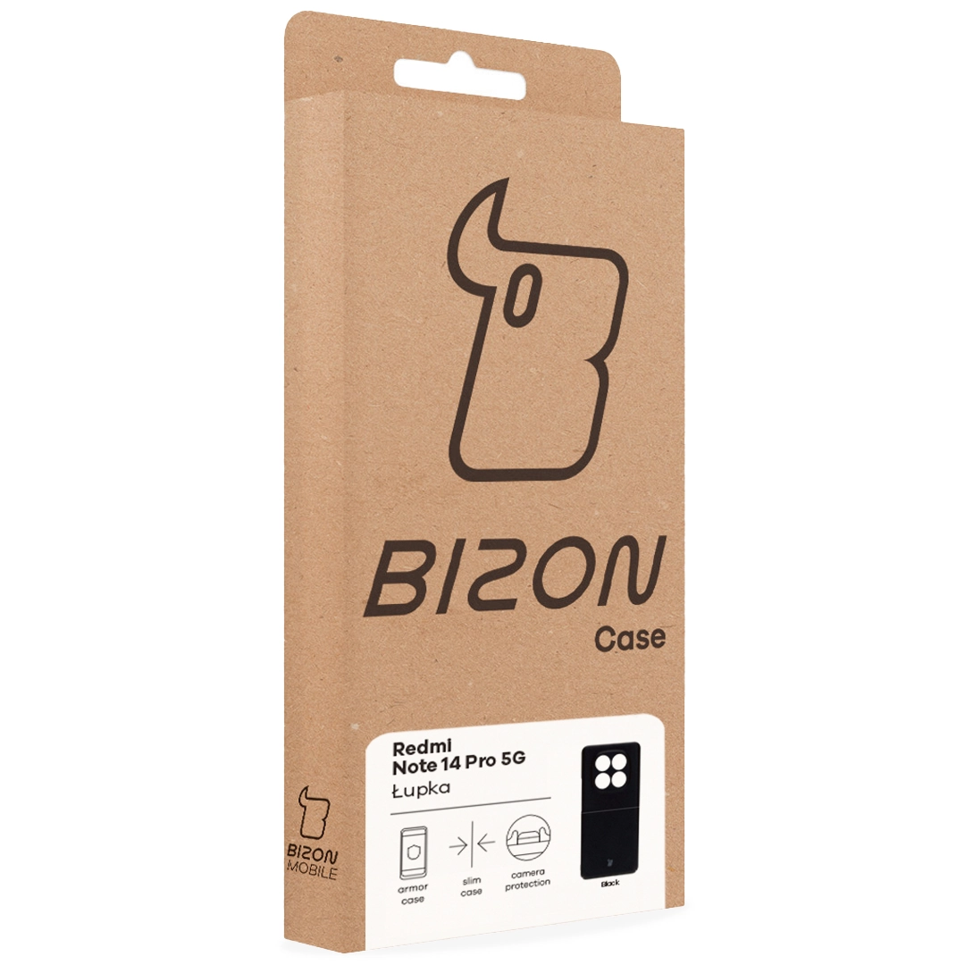 Vorderseite der Bizon Case Verpackung mit dediziertem Etikett für Xiaomi Redmi Note 14 Pro 5G