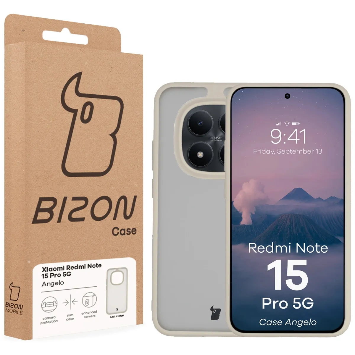 Przód pudełka Bizon Case z dedykowaną etykietą do Xiaomi Redmi Note 15 Pro 5G