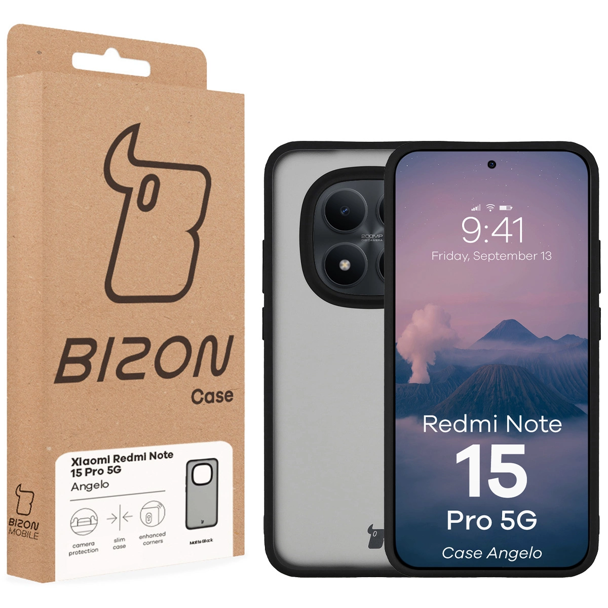 Przód pudełka Bizon Case z dedykowaną etykietą do Xiaomi Redmi Note 15 Pro 5G