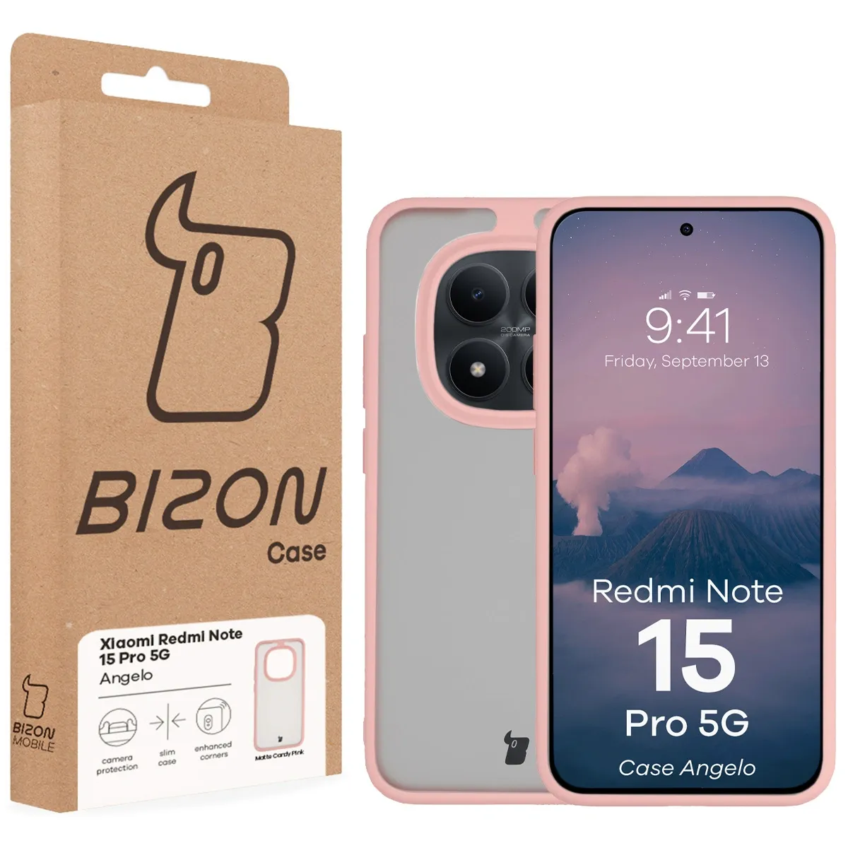 Przód pudełka Bizon Case z dedykowaną etykietą do Xiaomi Redmi Note 15 Pro 5G