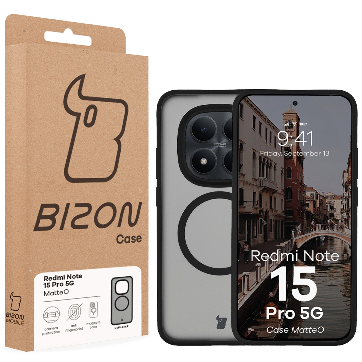 Przód pudełka Bizon Case z dedykowaną etykietą do Xiaomi Redmi Note 15 Pro 5G