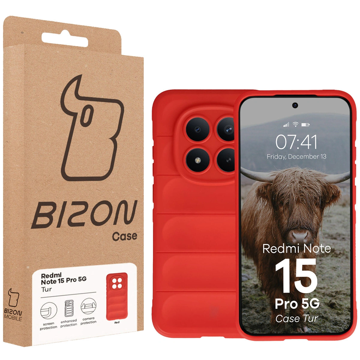 Przód pudełka Bizon Case z dedykowaną etykietą do Xiaomi Redmi Note 15 Pro 5G
