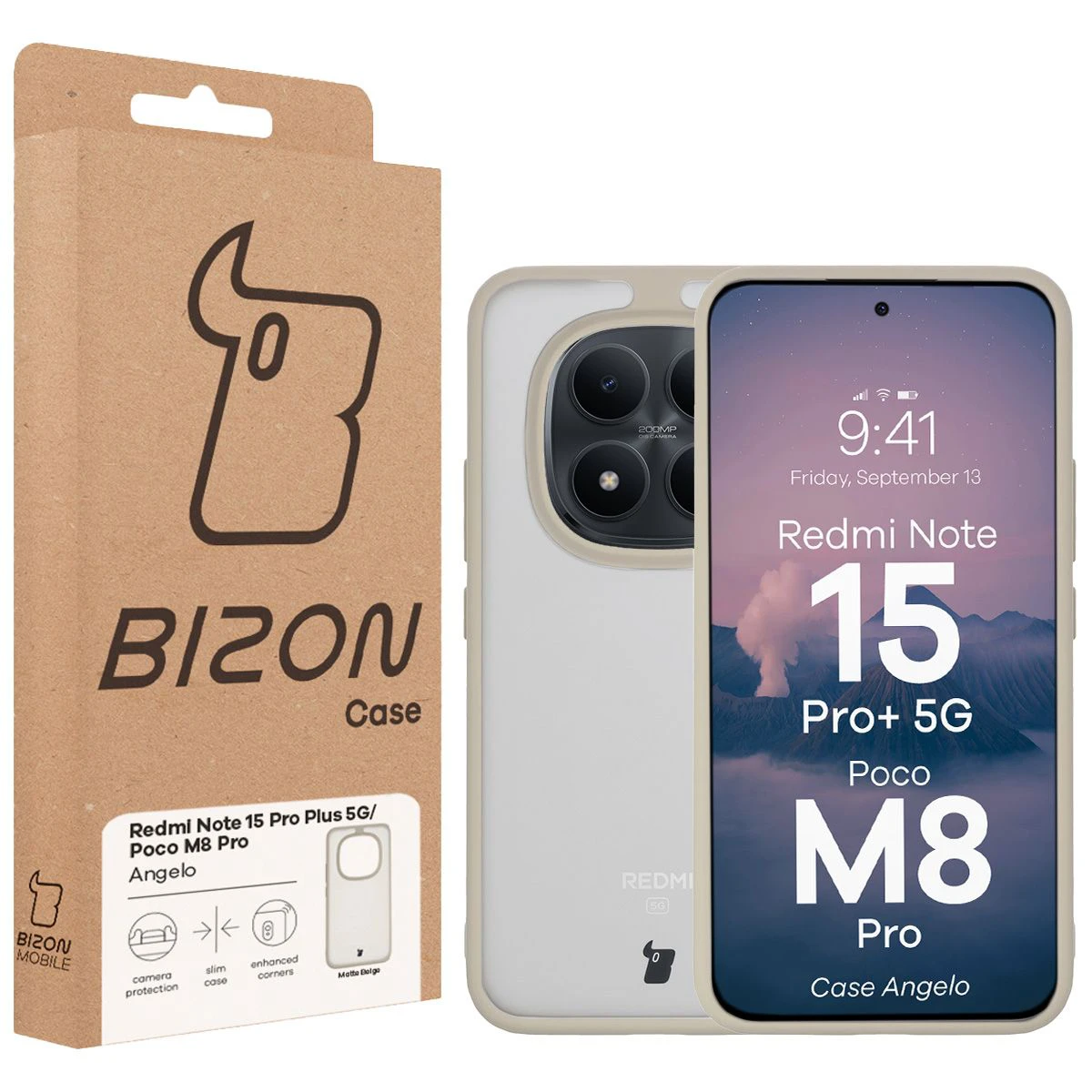 Przód pudełka Bizon Case z dedykowaną etykietą do Xiaomi Redmi Note 15 Pro Plus 5G / POCO M8 Pro 5G