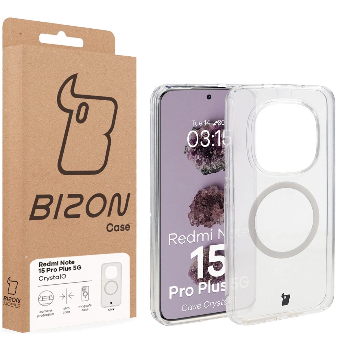 Przód pudełka Bizon Case z dedykowaną etykietą do Xiaomi Redmi Note 15 Pro Plus 5G