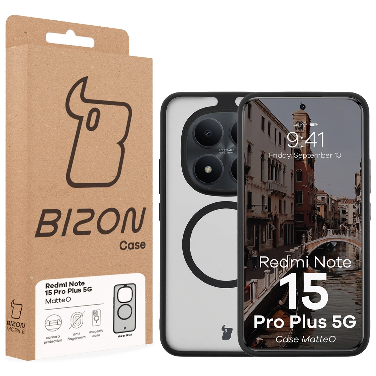 Przód pudełka Bizon Case z dedykowaną etykietą do Xiaomi Redmi Note 15 Pro Plus 5G