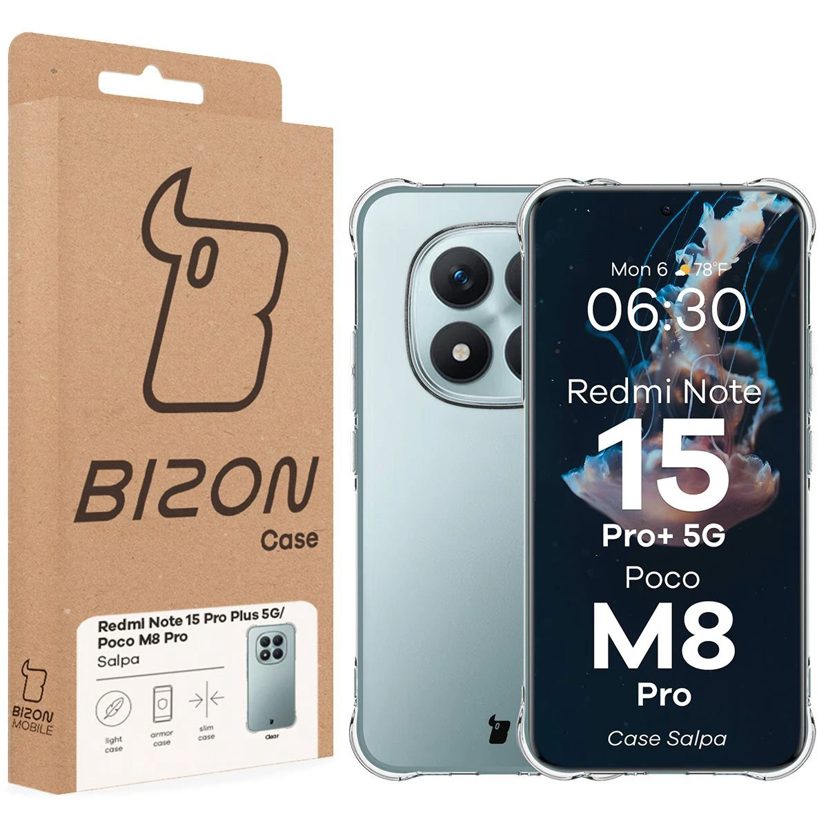 Przód pudełka Bizon Case z dedykowaną etykietą do Xiaomi Redmi Note 15 Pro Plus 5G / POCO M8 Pro 5G
