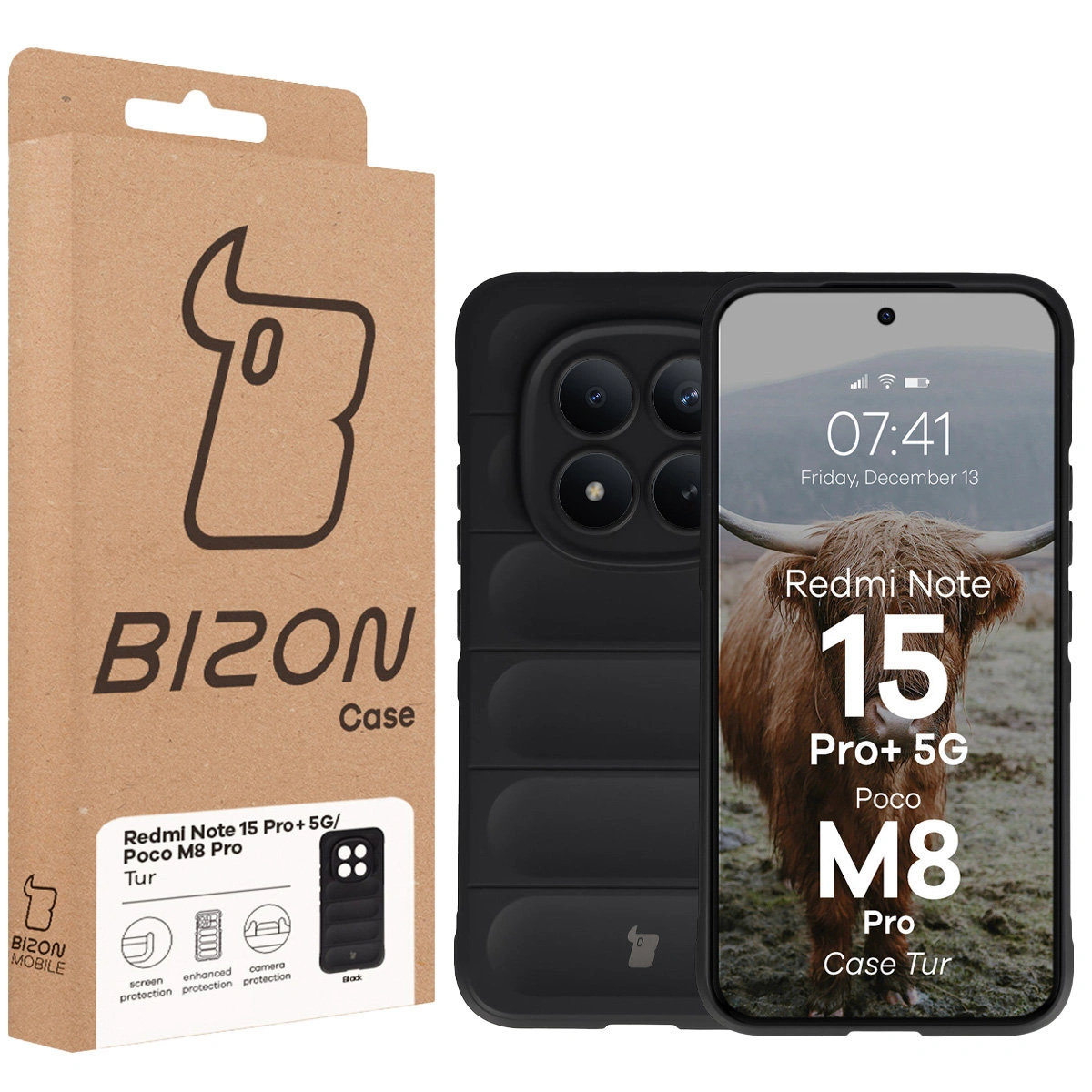 Przód pudełka Bizon Case z dedykowaną etykietą do Xiaomi Redmi Note 15 Pro Plus 5G / POCO M8 Pro 5G