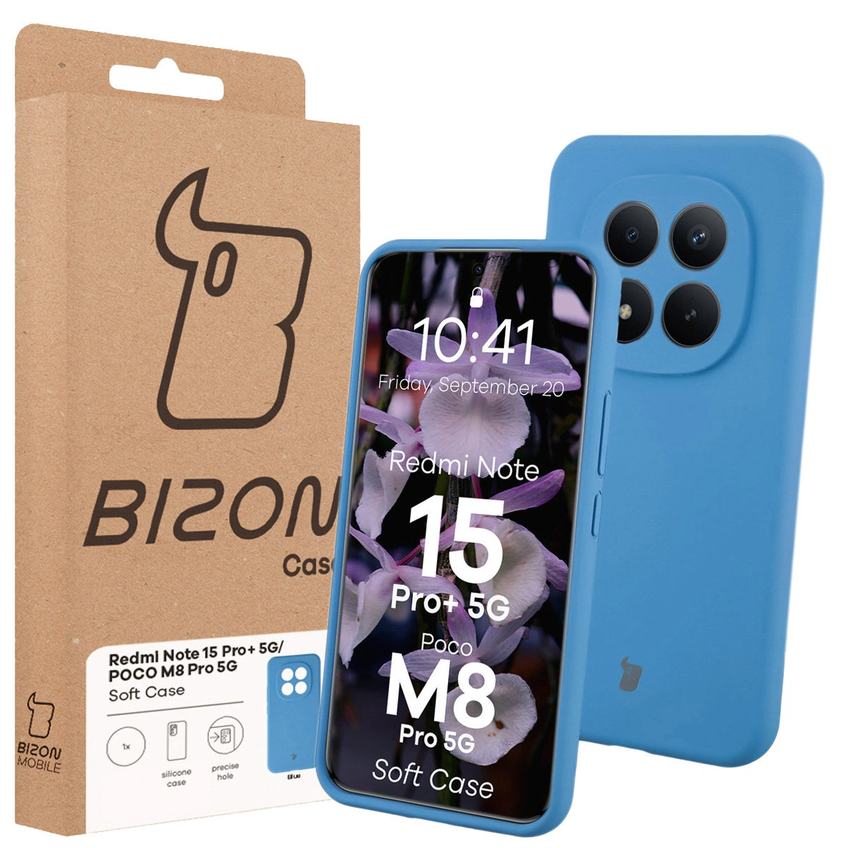 Przód pudełka Bizon Case z dedykowaną etykietą do Xiaomi Redmi Note 15 Pro Plus 5G / POCO M8 Pro 5G