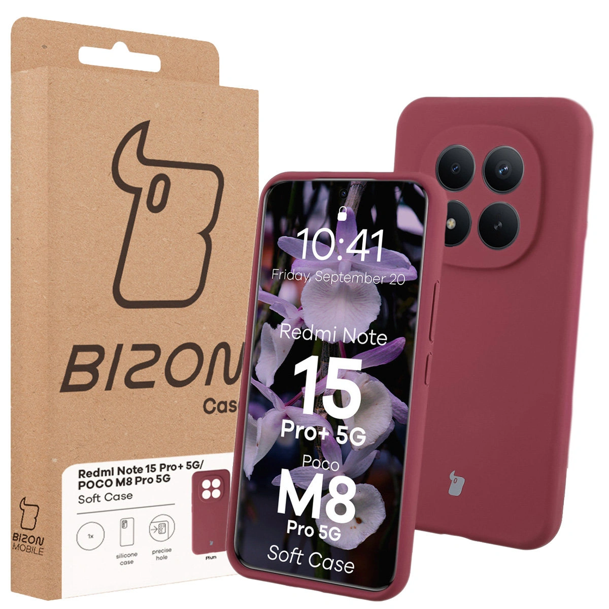 Przód pudełka Bizon Case z dedykowaną etykietą do Xiaomi Redmi Note 15 Pro Plus 5G / POCO M8 Pro 5G