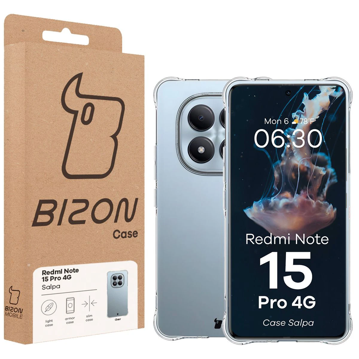 Przód pudełka Bizon Case z dedykowaną etykietą do Xiaomi Redmi Note 15 Pro 4G