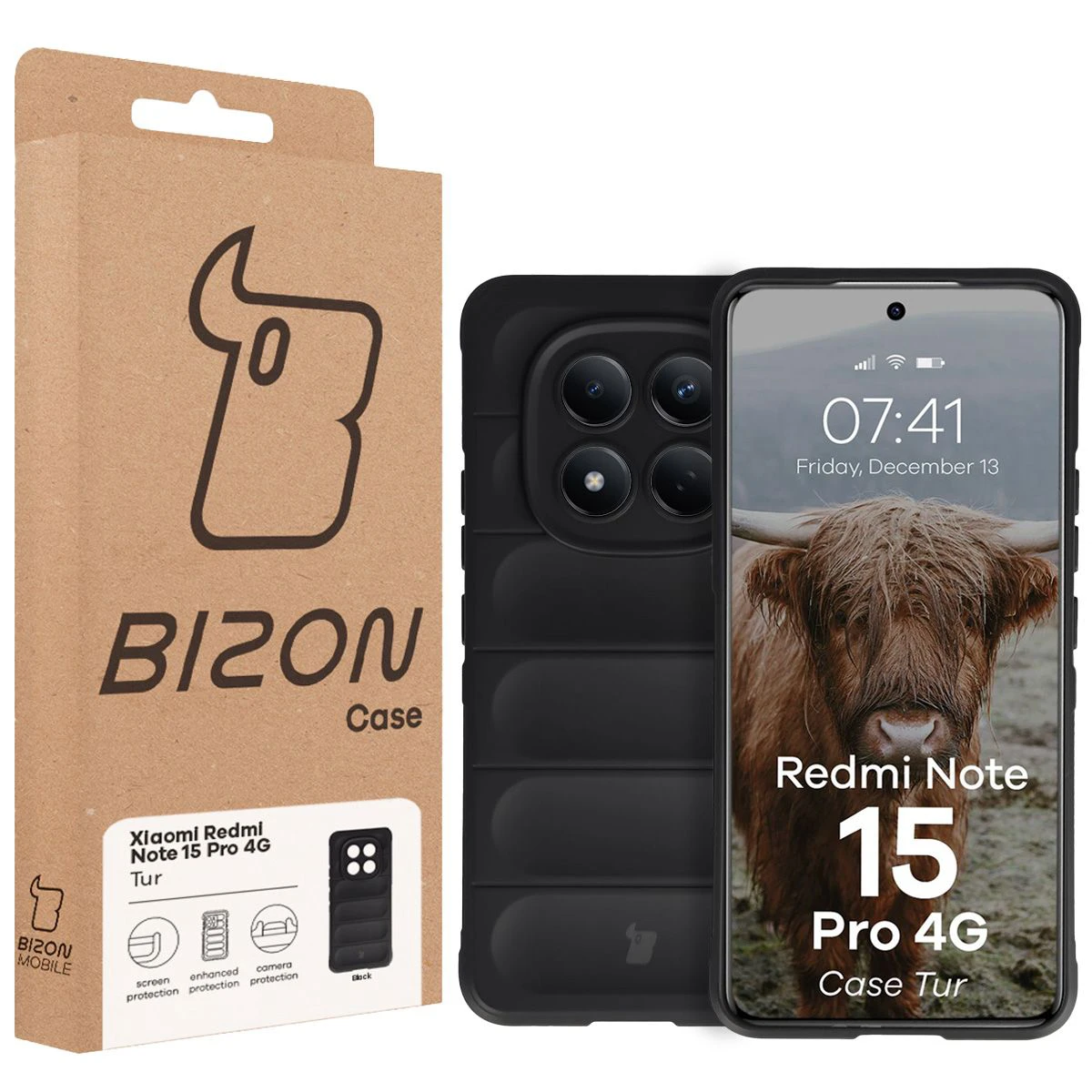 Przód pudełka Bizon Case z dedykowaną etykietą do Xiaomi Redmi Note 15 Pro 4G