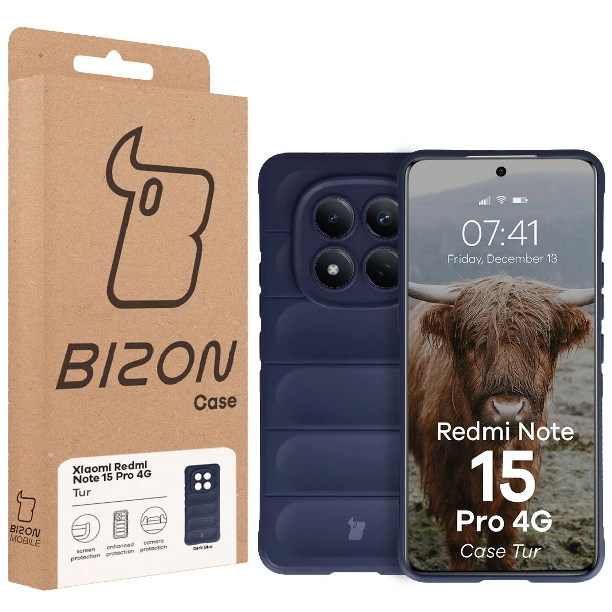 Przód pudełka Bizon Case z dedykowaną etykietą do Xiaomi Redmi Note 15 Pro 4G