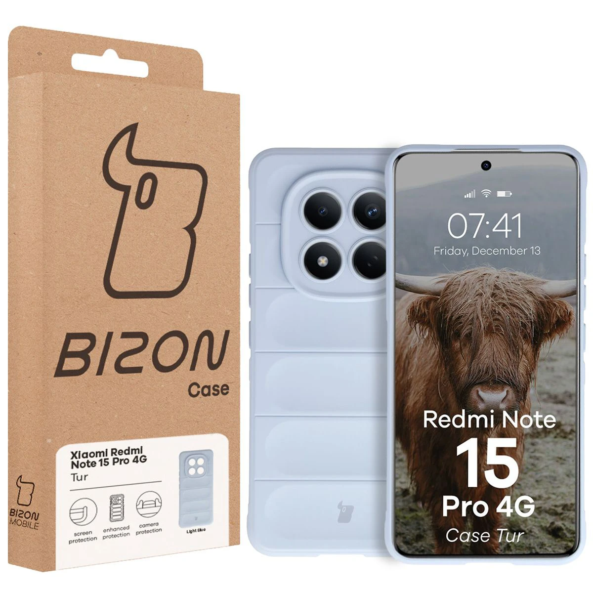 Przód pudełka Bizon Case z dedykowaną etykietą do Xiaomi Redmi Note 15 Pro 4G