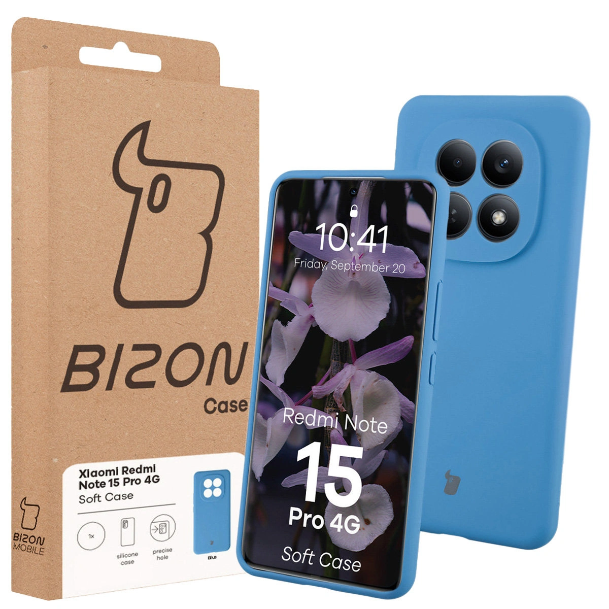 Przód pudełka Bizon Case z dedykowaną etykietą do Xiaomi Redmi Note 15 Pro 4G