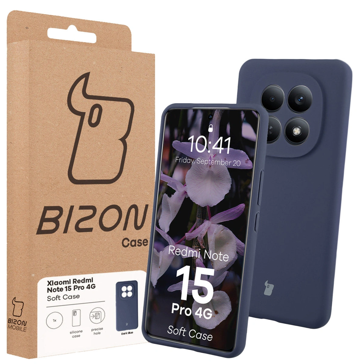 Przód pudełka Bizon Case z dedykowaną etykietą do Xiaomi Redmi Note 15 Pro 4G