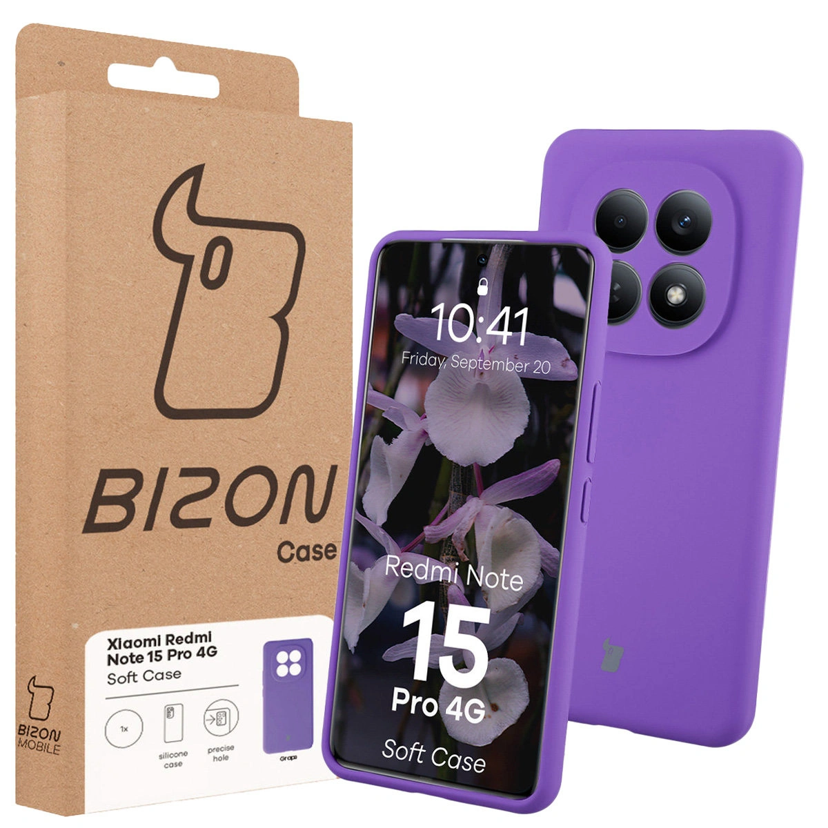 Przód pudełka Bizon Case z dedykowaną etykietą do Xiaomi Redmi Note 15 Pro 4G