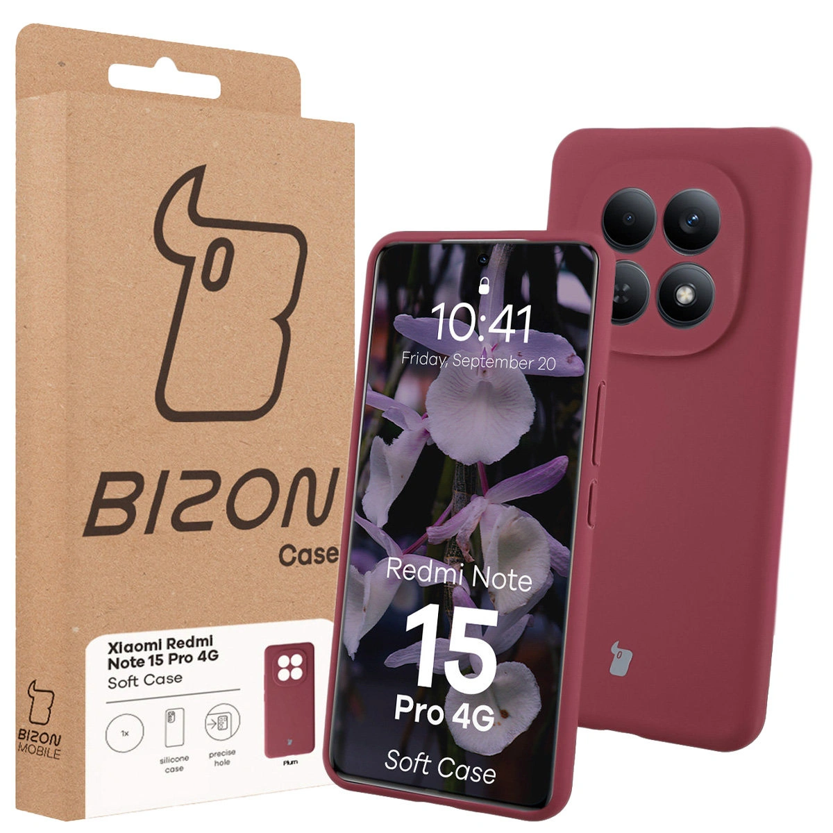 Przód pudełka Bizon Case z dedykowaną etykietą do Xiaomi Redmi Note 15 Pro 4G