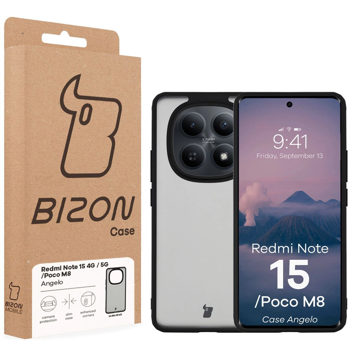 Przód pudełka Bizon Case z dedykowaną etykietą do Xiaomi Redmi Note 15 / Xiaomi POCO M8 5G