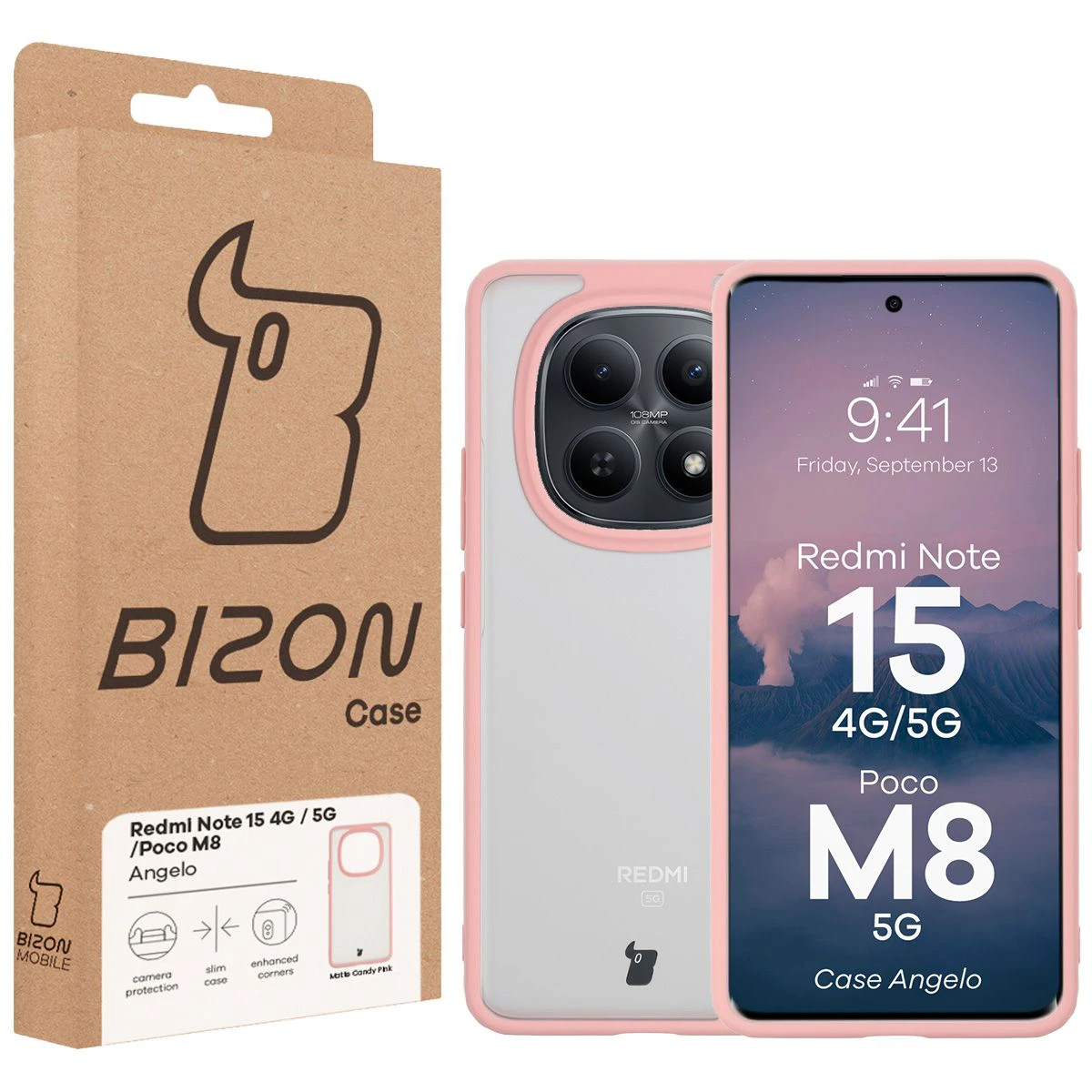 Przód pudełka Bizon Case z dedykowaną etykietą do Xiaomi Redmi Note 15 / Xiaomi POCO M8 5G