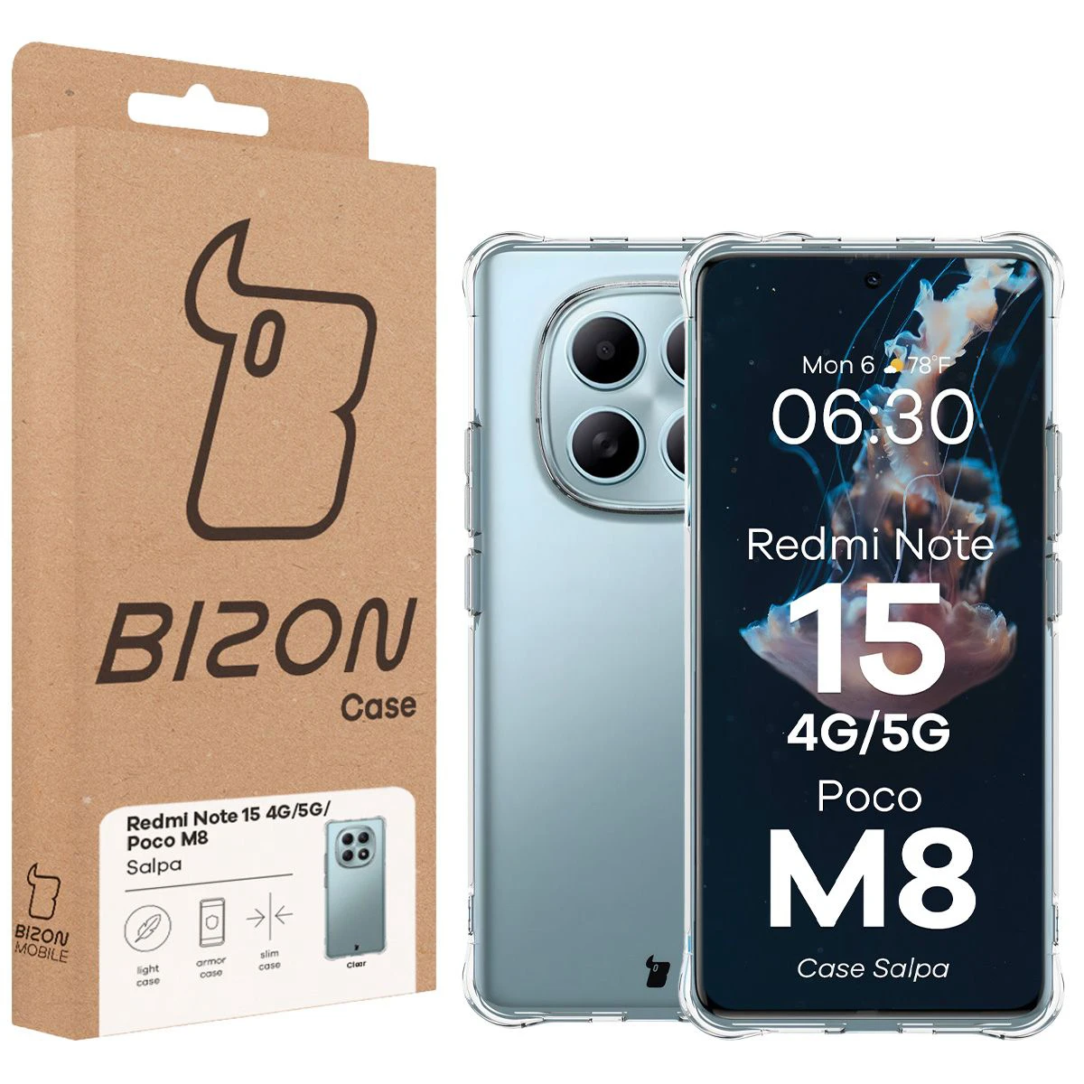 Przód pudełka Bizon Case z dedykowaną etykietą do Xiaomi Redmi Note 15 / Xiaomi POCO M8 5G