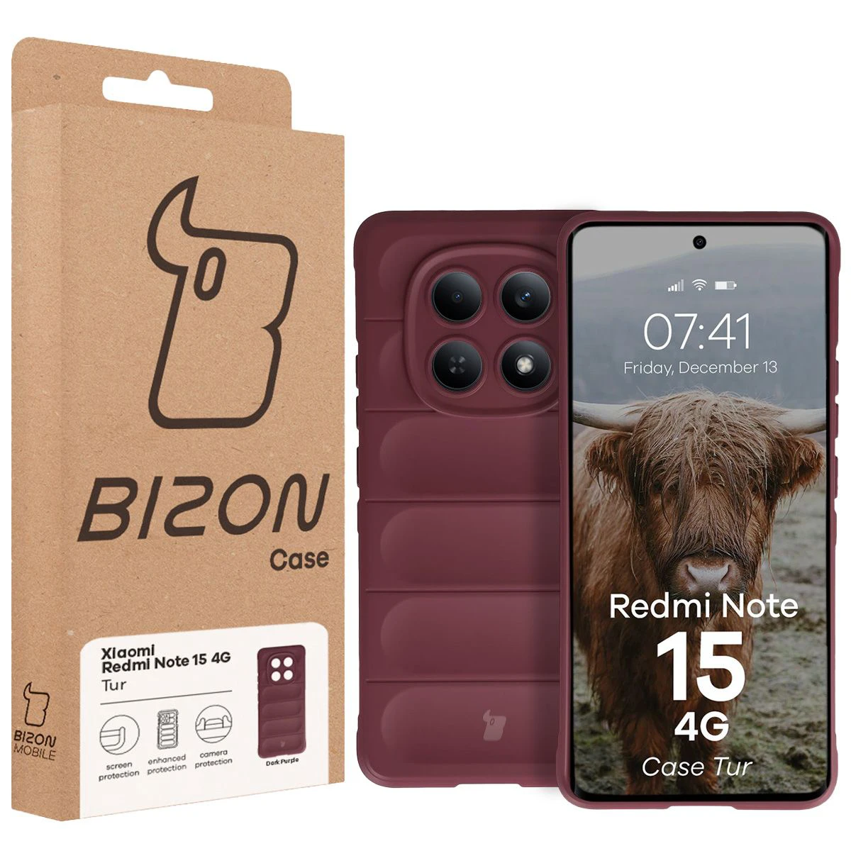 Przód pudełka Bizon Case z dedykowaną etykietą do Xiaomi Redmi Note 15 4G