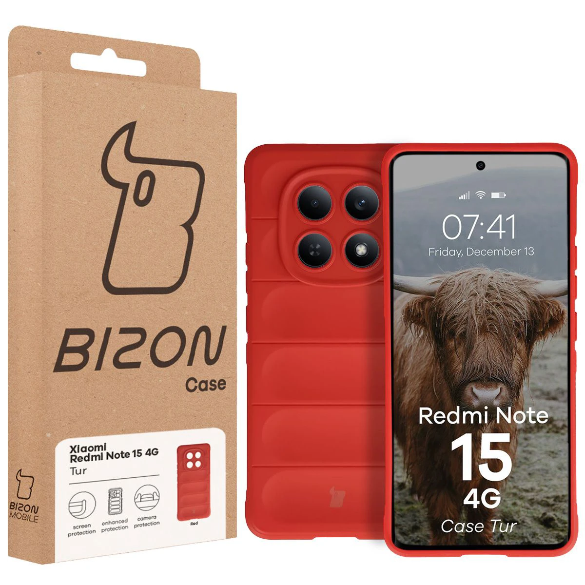 Przód pudełka Bizon Case z dedykowaną etykietą do Xiaomi Redmi Note 15 4G
