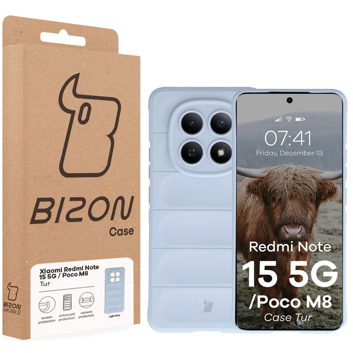 Przód pudełka Bizon Case z dedykowaną etykietą do Xiaomi Redmi Note 15 5G / Xiaomi POCO M8 5G