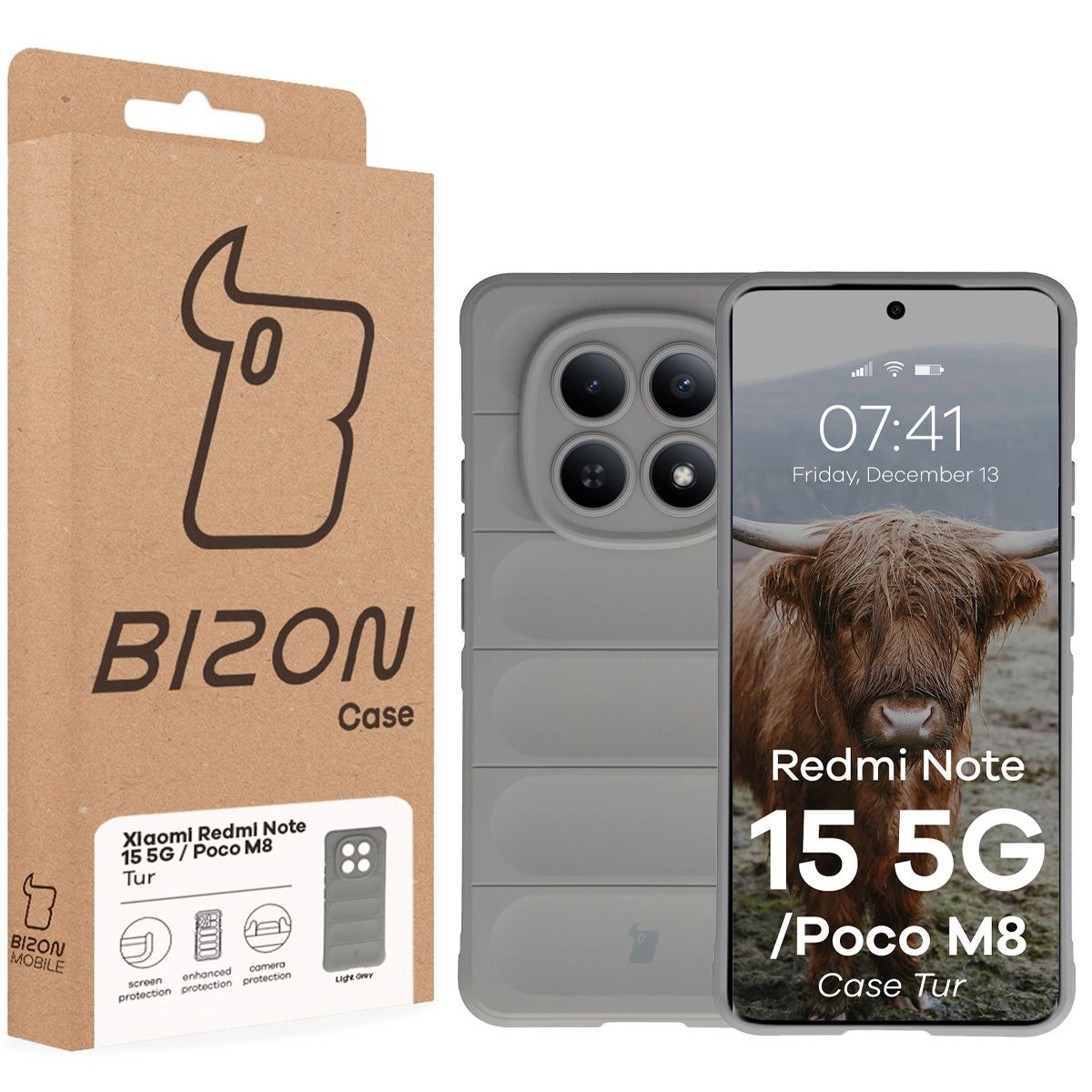 Przód pudełka Bizon Case z dedykowaną etykietą do Xiaomi Redmi Note 15 5G / Xiaomi POCO M8 5G