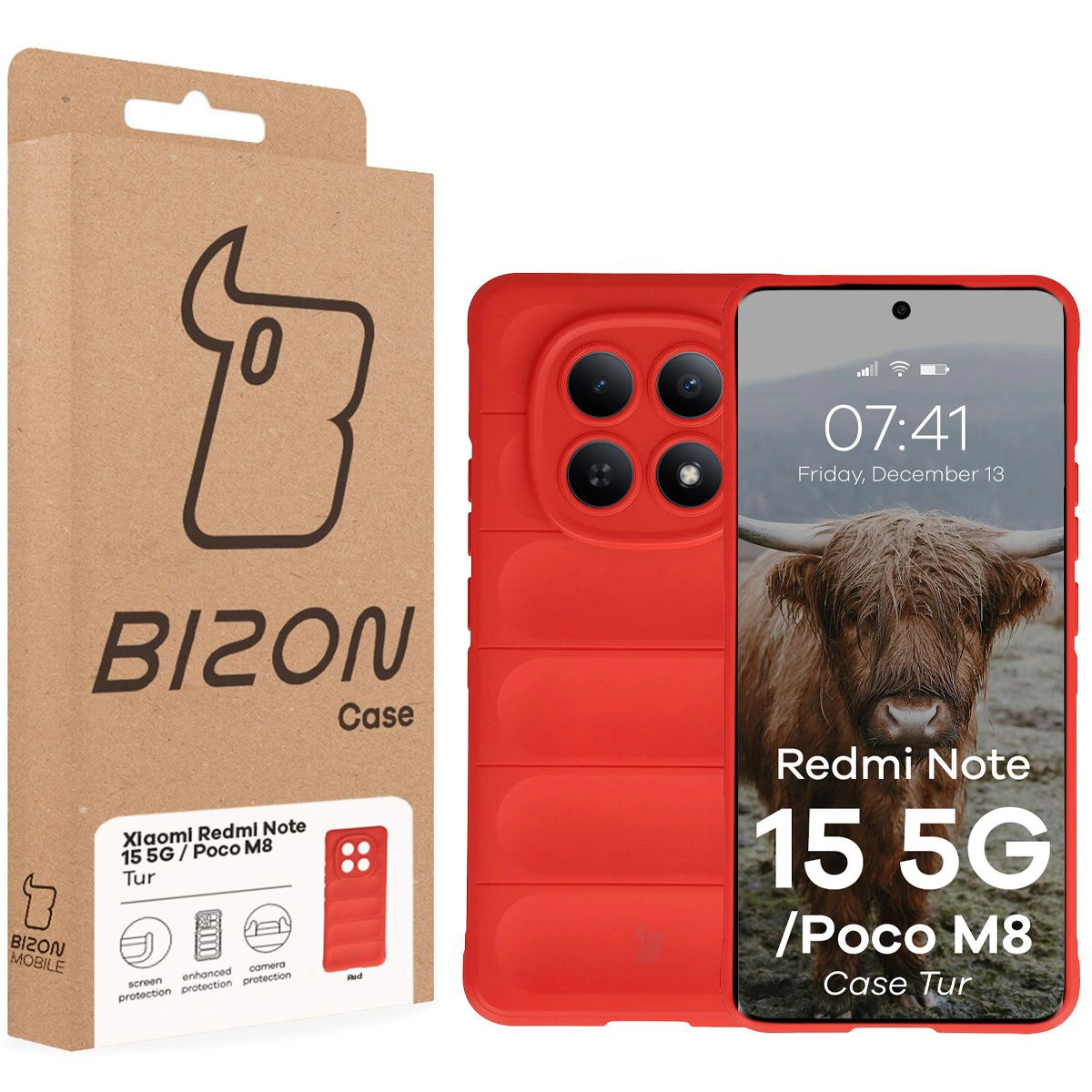 Przód pudełka Bizon Case z dedykowaną etykietą do Xiaomi Redmi Note 15 5G / Xiaomi POCO M8 5G