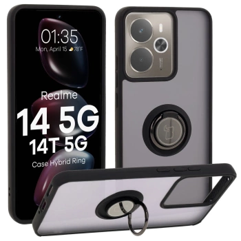 Etui z uchwytem na palec Bizon Case Hybrid Ring do Realme 14 5G / 14T 5G, przydymione z czarną ramką