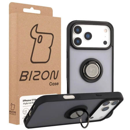 Etui z uchwytem na palec Bizon Case Hybrid Ring do iPhone 17 Pro Max, przydymione z czarną ramką