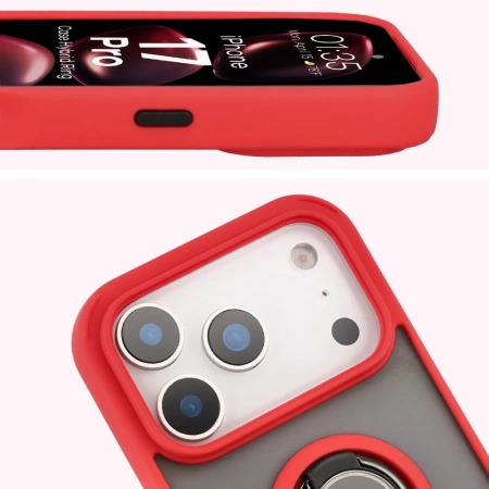 Etui z uchwytem na palec Bizon Case Hybrid Ring do iPhone 17 Pro, przydymione z czerwoną ramką