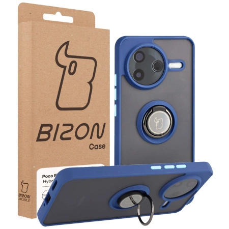 Etui z uchwytem na palec Bizon Case Hybrid Ring do Xiaomi POCO F7 Pro, przydymione z granatową ramką