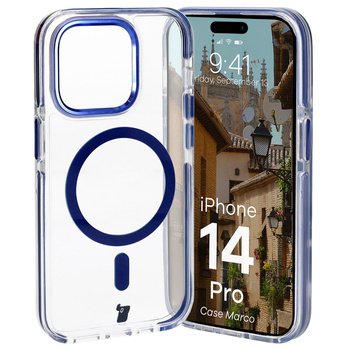Etui z pierścieniem magnetycznym Bizon Case Marco do iPhone 14 Pro, przezroczyste z niebieską ramką