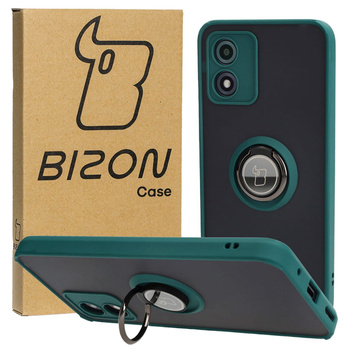 Etui z uchwytem na palec Bizon Case Hybrid Ring do Motorola Moto E13, przydymione z ciemnozieloną ramką