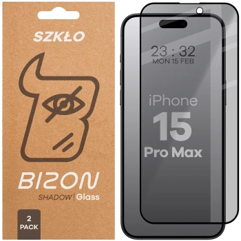 Prywatyzujące szkło hartowane Bizon Glass Edge Shadow Duo do iPhone 15 Pro Max, przyciemniane z czarną ramką, 2 sztuki