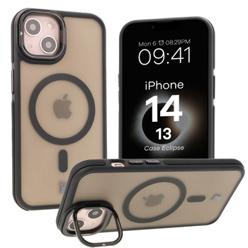 Etui z podstawką i pierścieniem magnetycznym Bizon Case Eclipse do iPhone 14 / iPhone 13, przydymione z czarną ramką