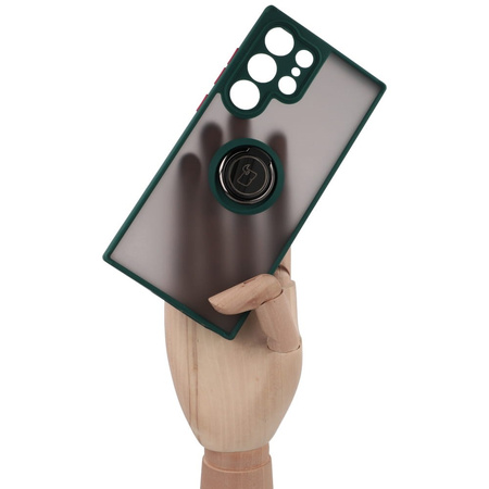 Etui z uchwytem na palec Bizon Case Hybrid Ring do Galaxy S23 Ultra, przydymione z ciemnozieloną ramką