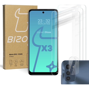 3x Szkło hartowane + szybka na aparat Bizon Glass Clear Pack do Motorola Moto E32 / E32s