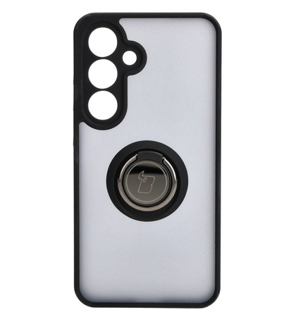 Etui z uchwytem na palec Bizon Case Hybrid Ring do Galaxy S25 / S24, przydymione z czarną ramką