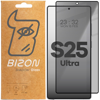Prywatyzujące szkło hartowane Bizon Glass Edge Shadow do Galaxy S25 Ultra, przyciemniane z czarną ramką