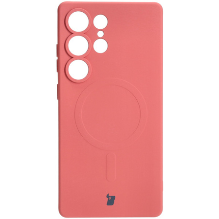 Silikonowe etui z pierścieniem magnetycznym Bizon Case Silicone Magnetic do Galaxy S25 Ultra, brudnoróżowe