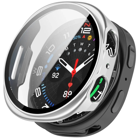 Etui ze szkłem do zegarka Bizon Case+Glass Watch do Samsung Galaxy Watch 8 44 mm, srebrne